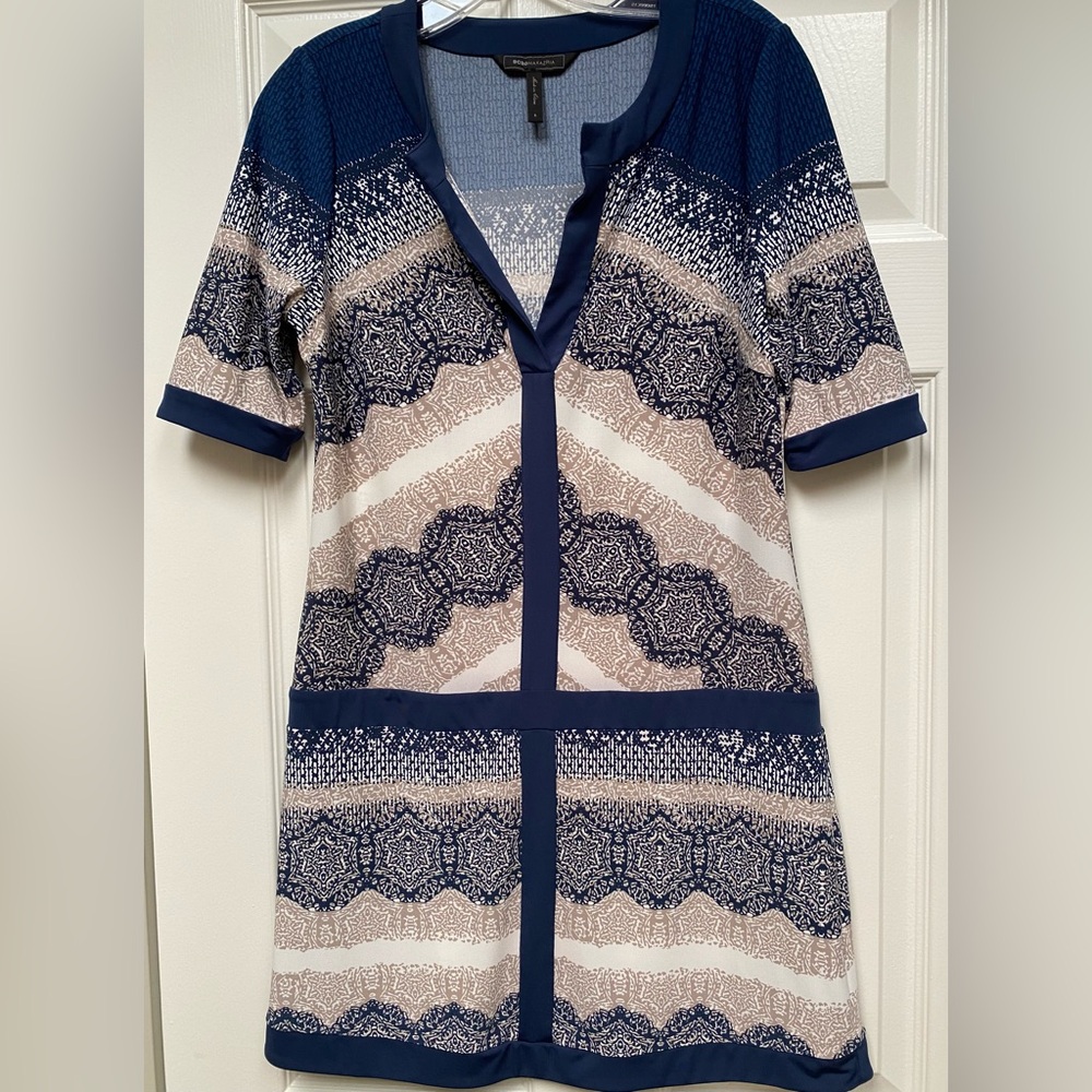 BCBG Max Azria Blue and Crème Sheeth Dress (size S)